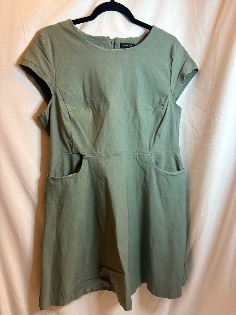 Tribal Light Sage Green Cap Sleeve Fit & Flare Mini Dress